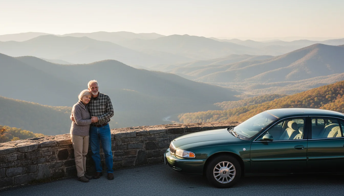 Retired couple arm-in-arm at a Blue Ridge Parkway overlook, viewing hazy blue mountains on a late afternoon.
