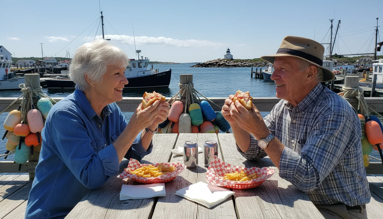 A retired couple eats lobster rolls at an outdoor picnic table by a Maine fishing harbor with boats and a distant lighthouse.