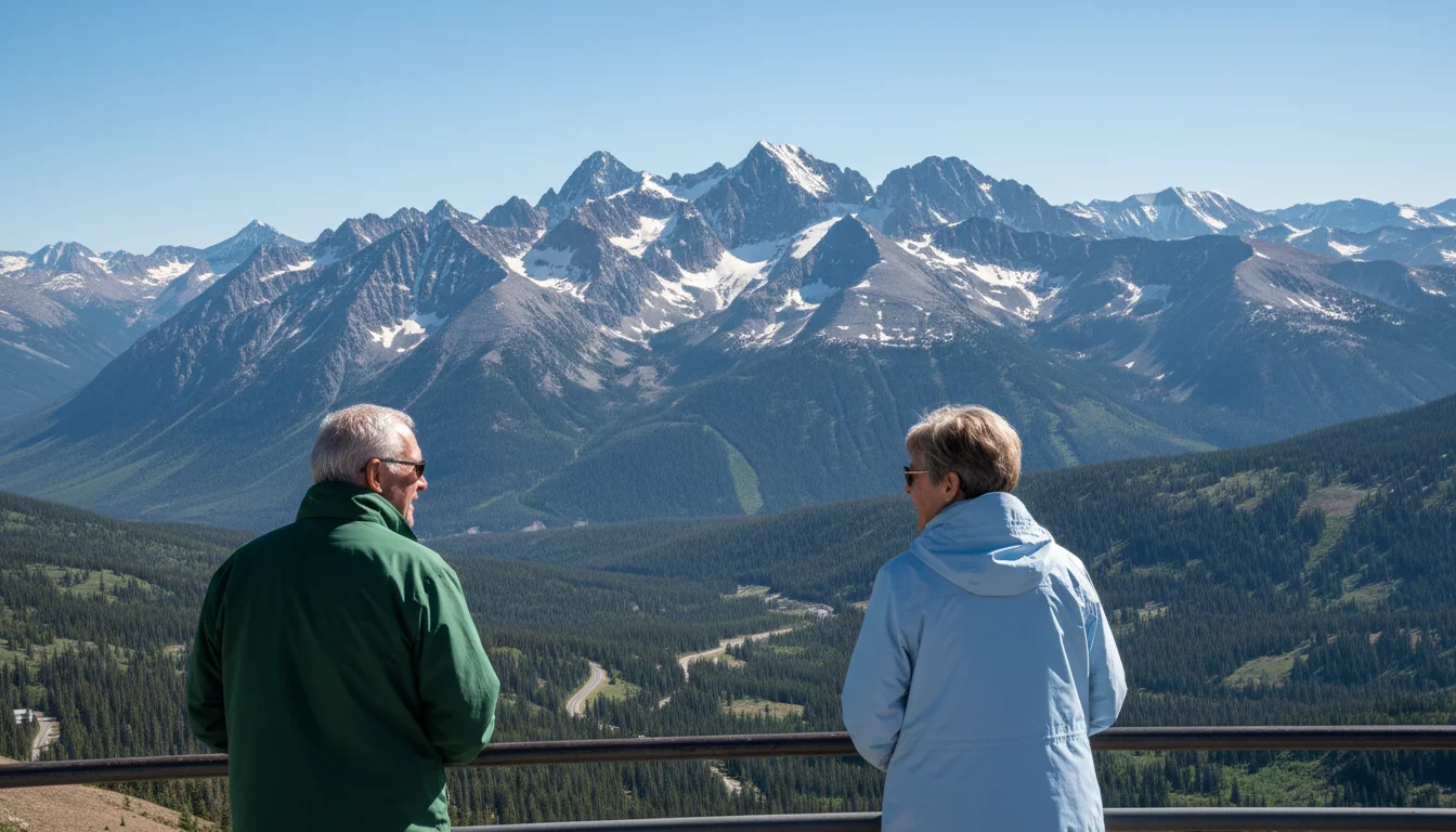 Retired couple at a high-altitude scenic overlook, admiring vast snow-capped mountains and alpine valleys on Beartooth Highway.