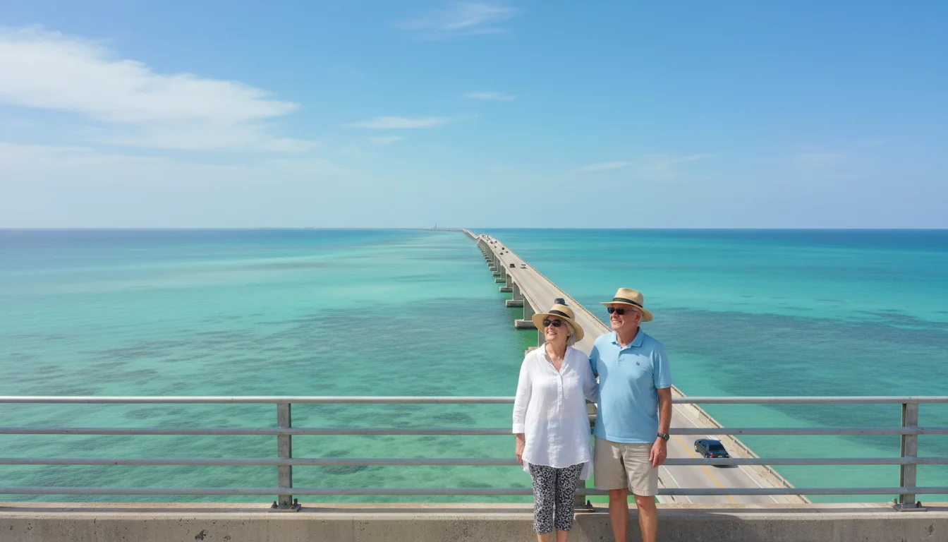 A retired couple stands on a bridge, looking out at expansive turquoise water and the highway stretching into the distance under a blue sky.