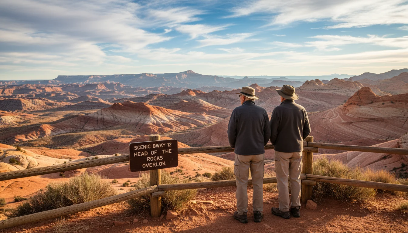 A retired couple stands at a Utah scenic overlook, looking at vast red rock desert formations and a clear blue sky.