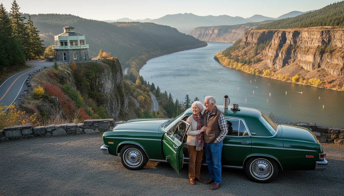 Retired couple by their car at a scenic overlook on the Columbia River Highway, admiring the Columbia River Gorge and winding road.