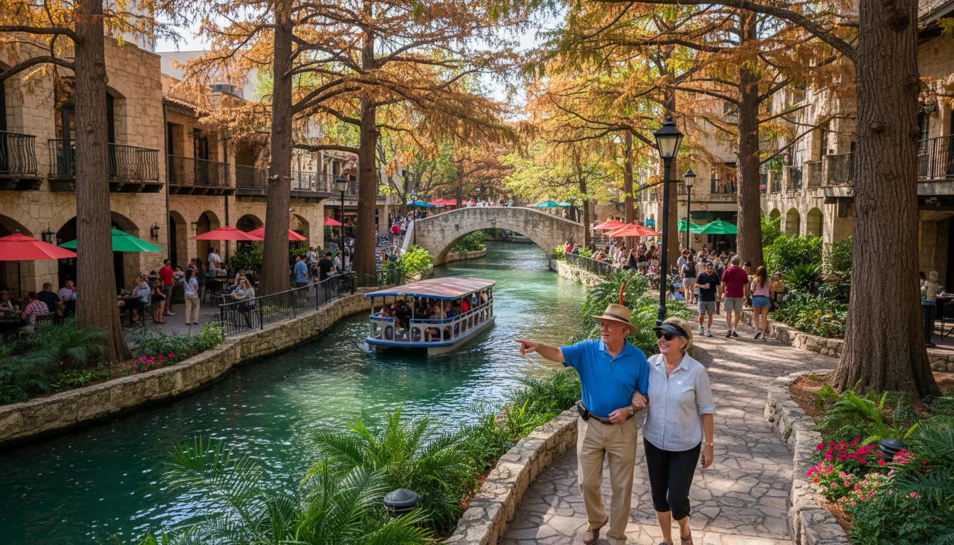 Elevated view of the San Antonio River Walk, with an older couple strolling along a tree-lined path next to historic buildings and a colorful barge on