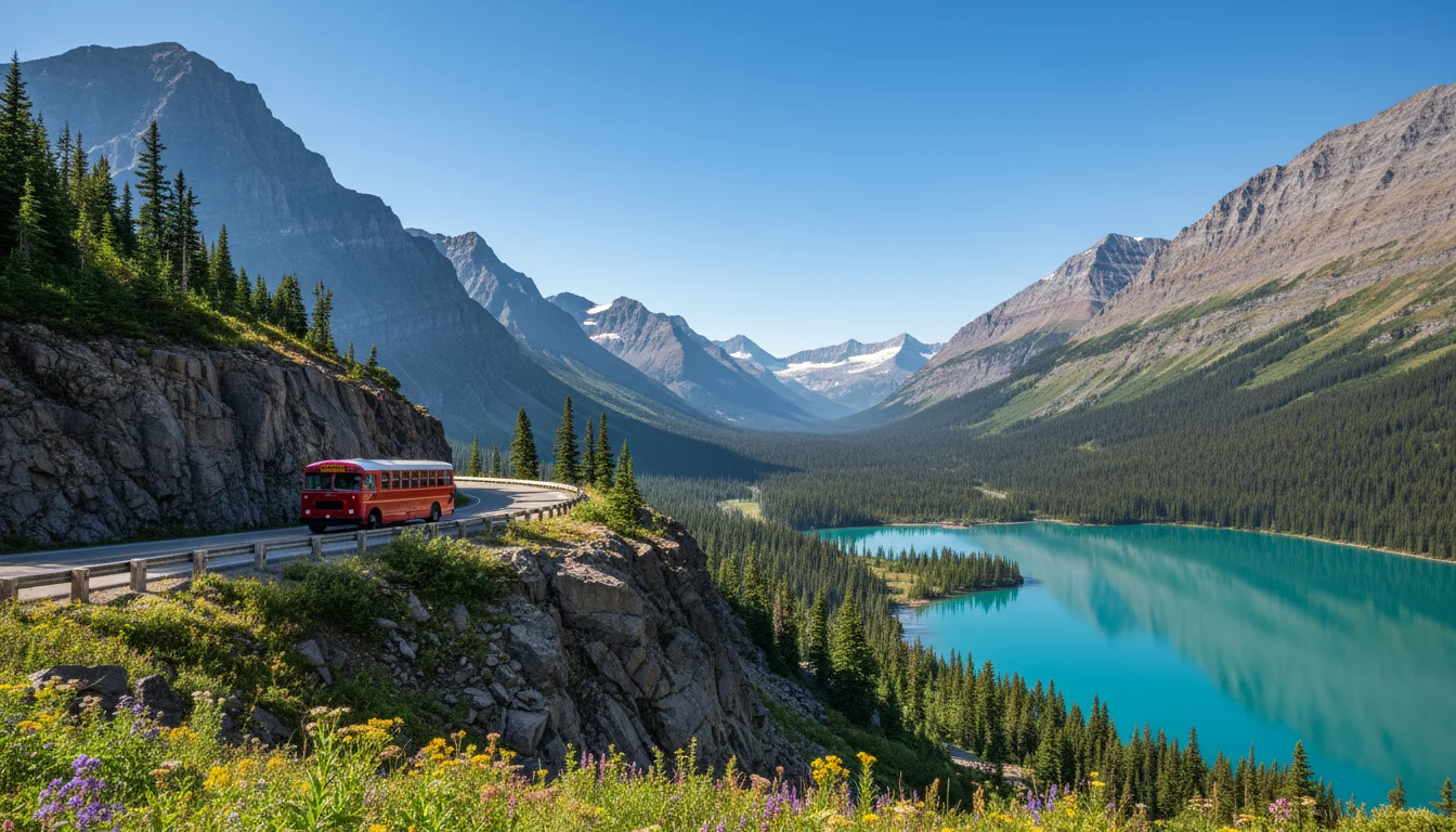 Scenic view of Going-to-the-Sun Road in Glacier National Park, with a red tour bus winding along a mountain road above a turquoise lake and cedar fore