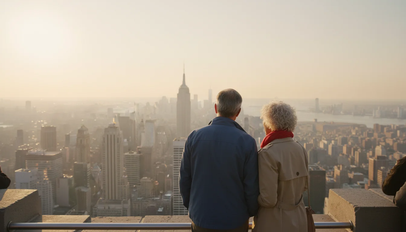 Senior couple, backs to camera, viewing the expansive Manhattan skyline from a high observation deck at sunset.