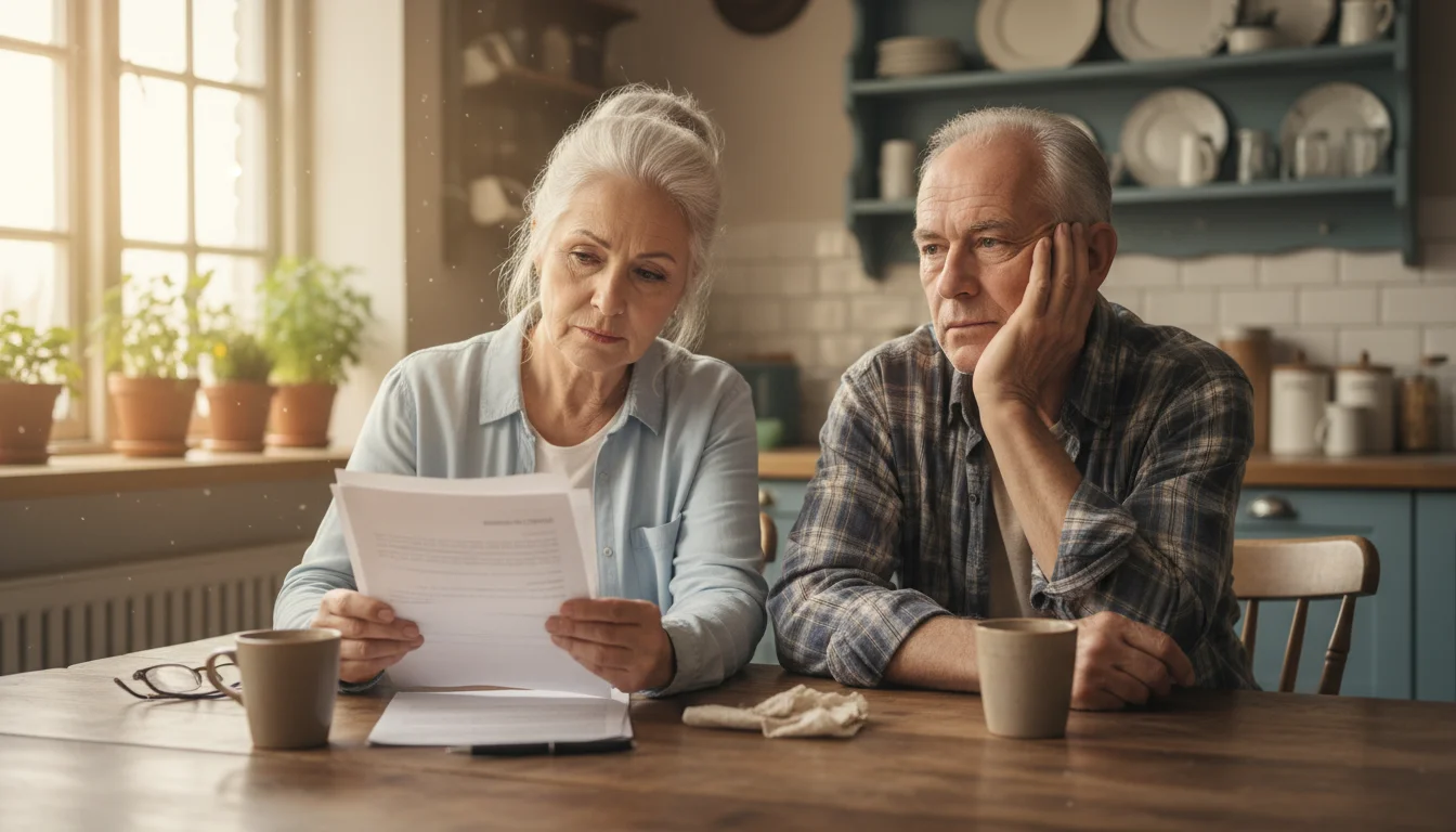 A senior couple, both mid-70s, sit at a kitchen table. The woman holds a loan document, looking at her husband, who appears worried.