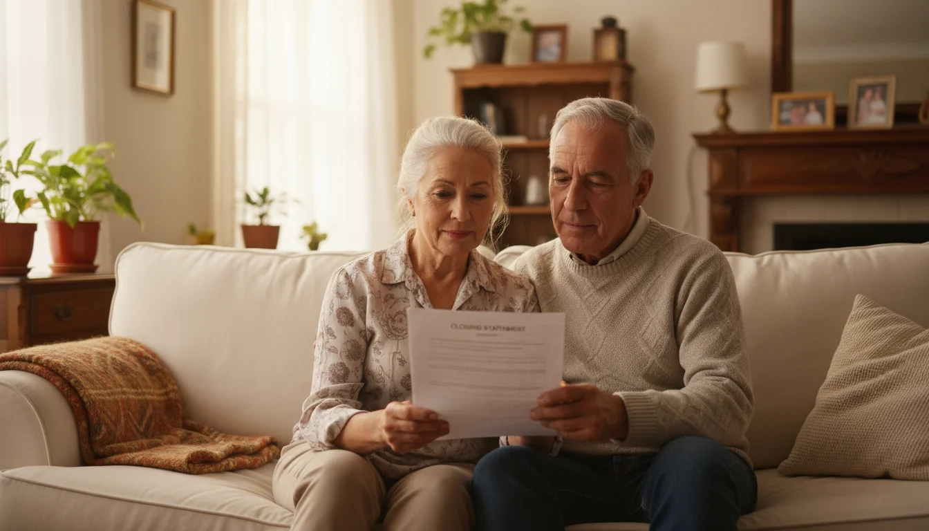 A senior couple, early 70s, sits on a living room sofa, thoughtfully looking at a real estate document together.