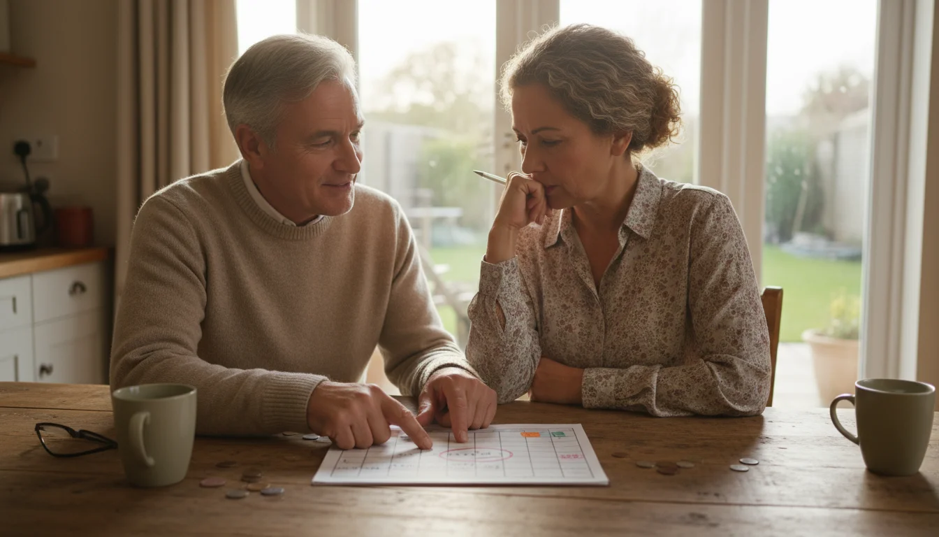 A senior couple at a kitchen table reviewing a budget sheet and calendar with coffee mugs.