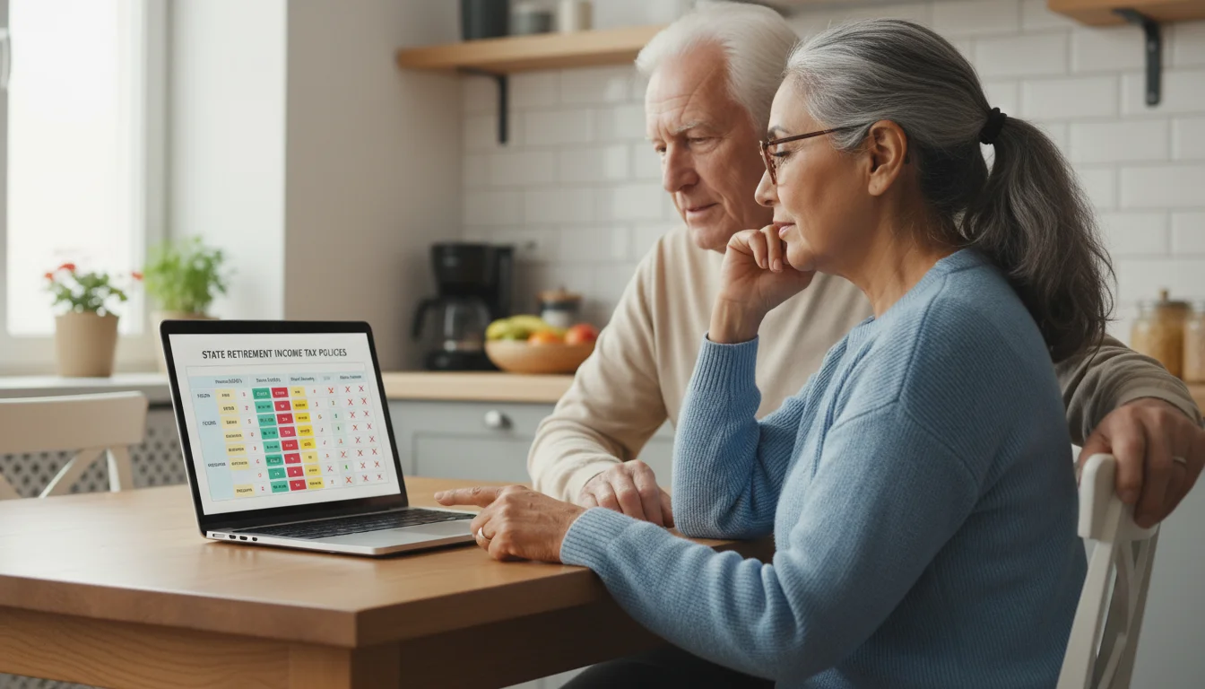 A senior couple at a kitchen table. The woman points at a laptop screen showing state retirement income tax policies while the man listens intently.