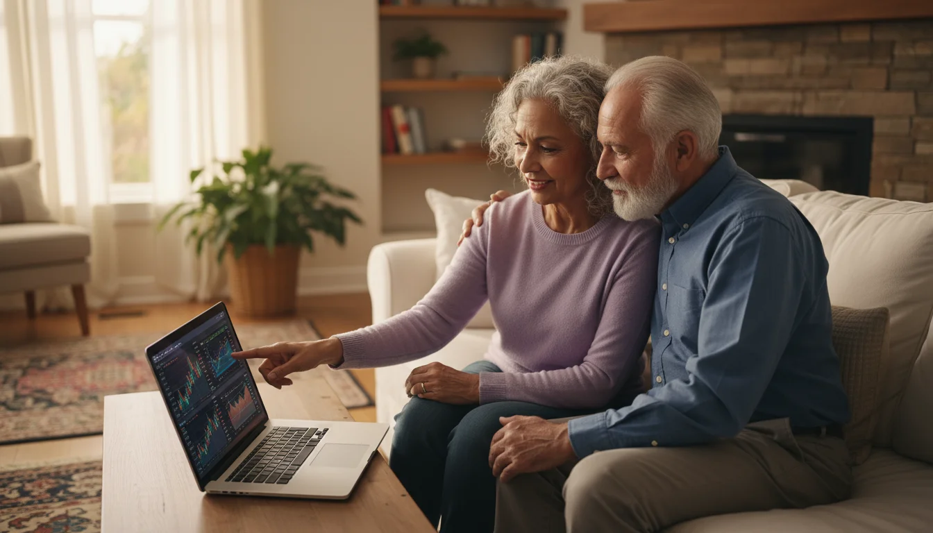 A senior couple, a man and a woman, sit on a sofa, looking at a laptop screen together in a softly lit living room.