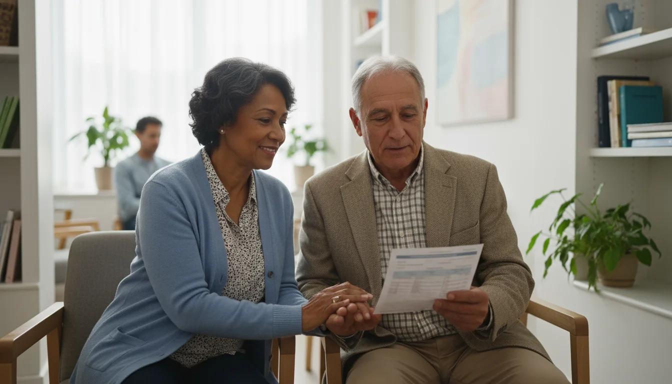 A senior couple, mid-70s, in a clinic waiting room. The wife holds her husband's hand as he calmly reviews a medical summary.