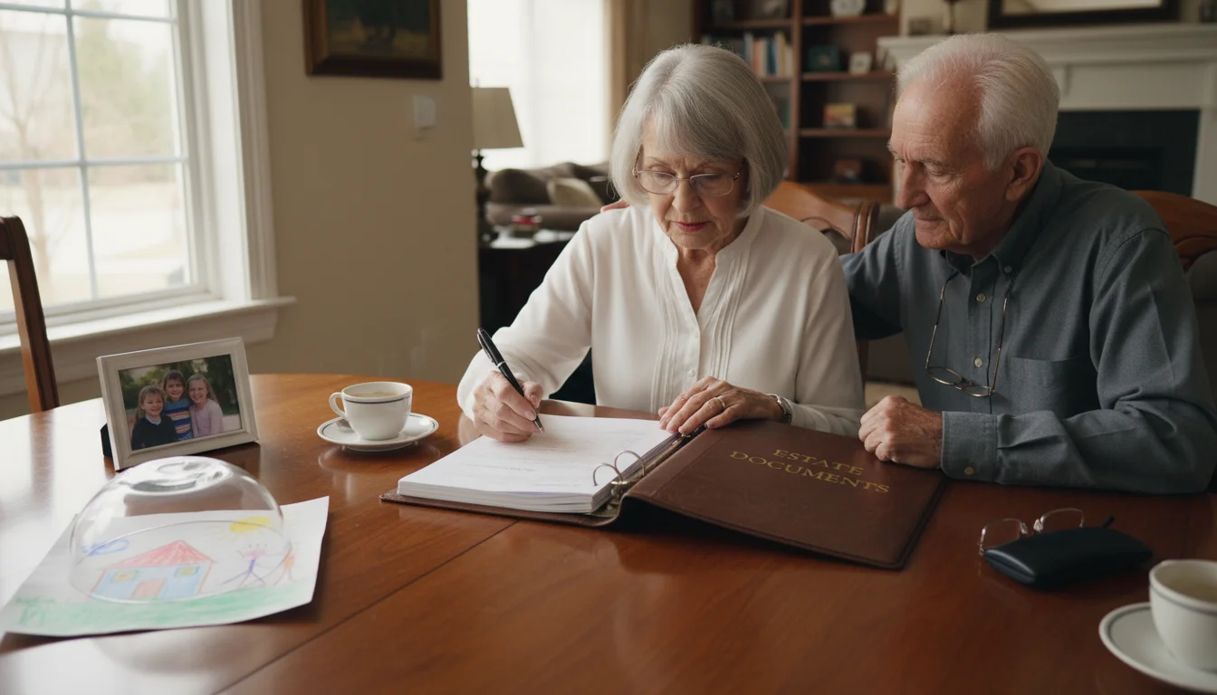 A senior couple reviews a large 'Estate Documents' binder at a dining table. A child's colorful drawing is subtly placed on the table.