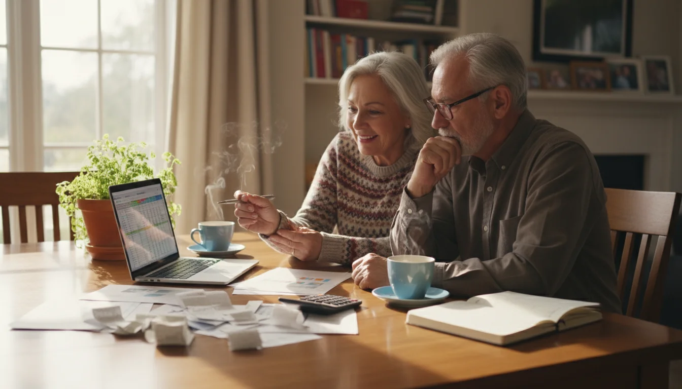 A senior couple sits at a dining table, reviewing financial documents like bank statements and bills with a calculator and notebook.