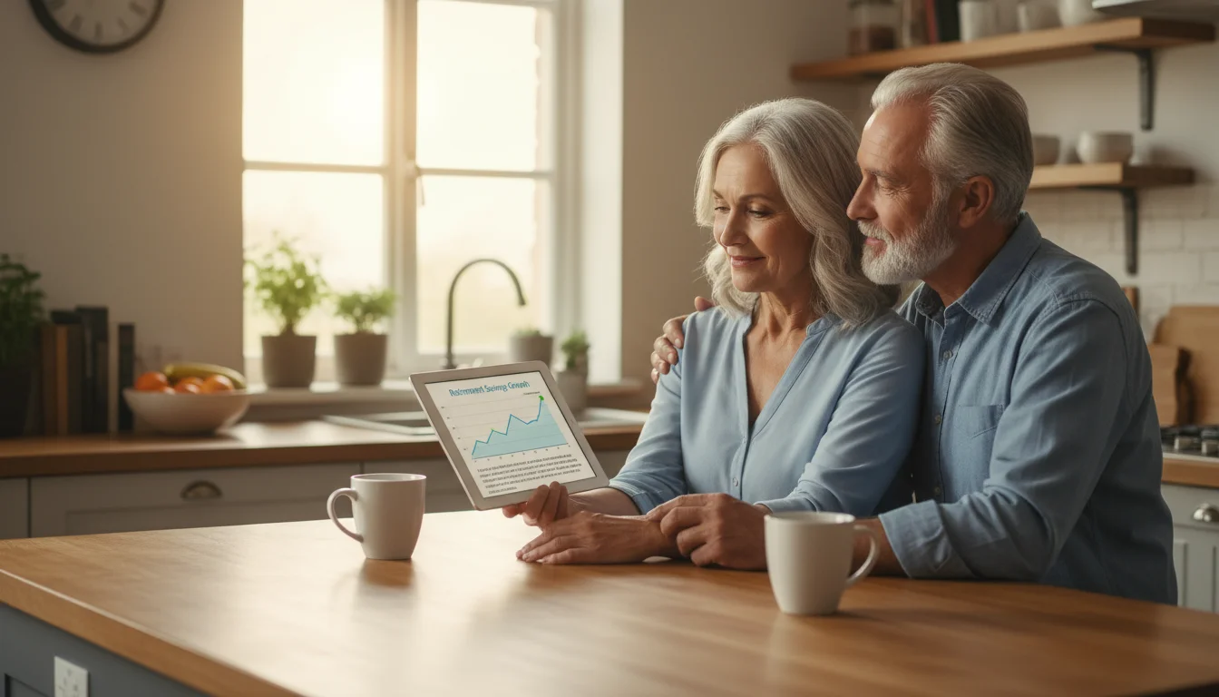 A senior couple sits at a kitchen island, one holding a tablet for the other to see. They are both smiling slightly.