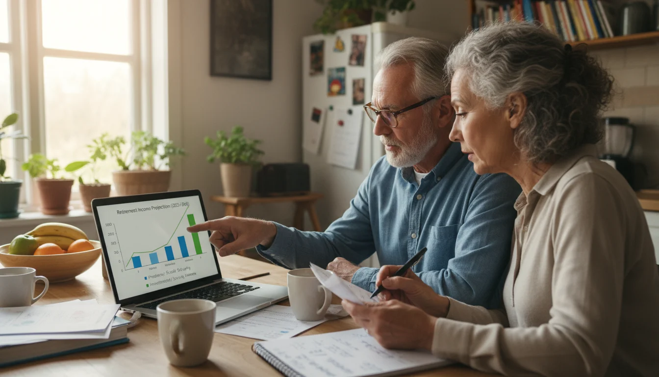 A senior couple sits at a kitchen table, looking at a laptop screen showing financial projections, with notes on a pad.