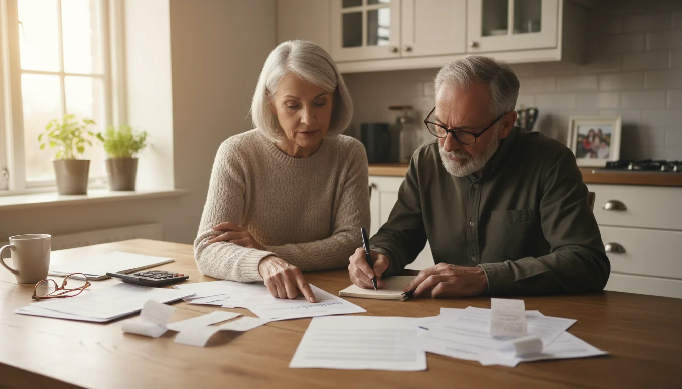 A senior couple sits at a kitchen table, reviewing financial documents and taking notes to plan their retirement income.
