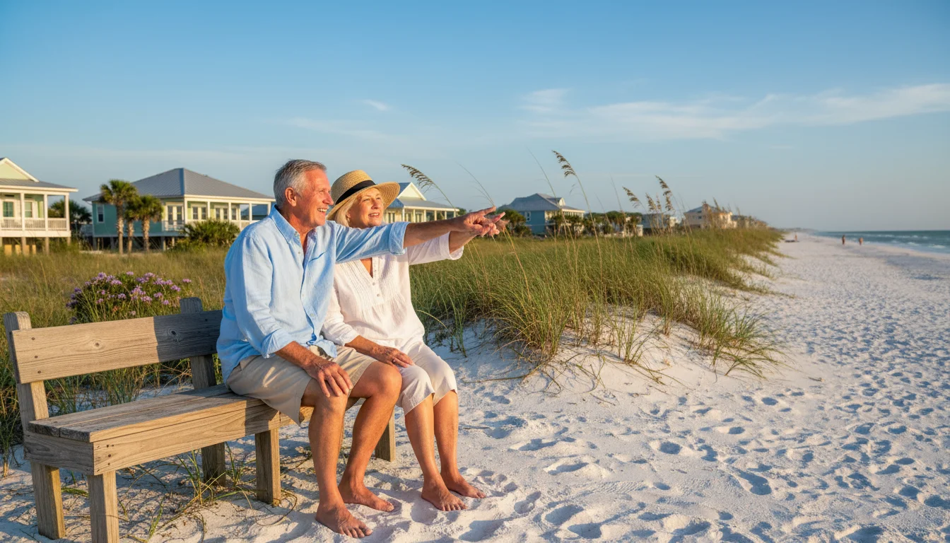 A senior couple sits on a wooden bench overlooking a white sand beach and calm turquoise ocean with modest beach homes in the background.