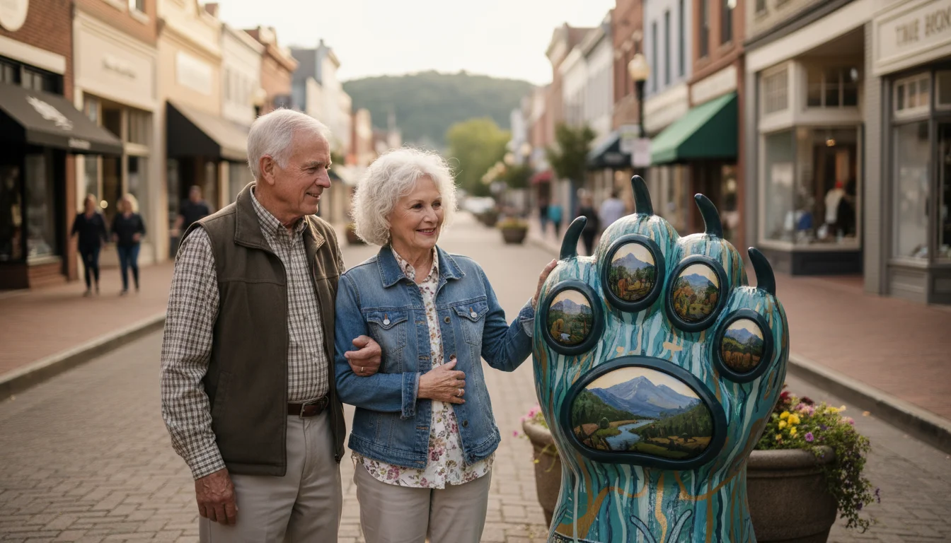 A senior couple smiling at a colorful, whimsically painted bear sculpture on a historic Main Street with charming shopfronts.