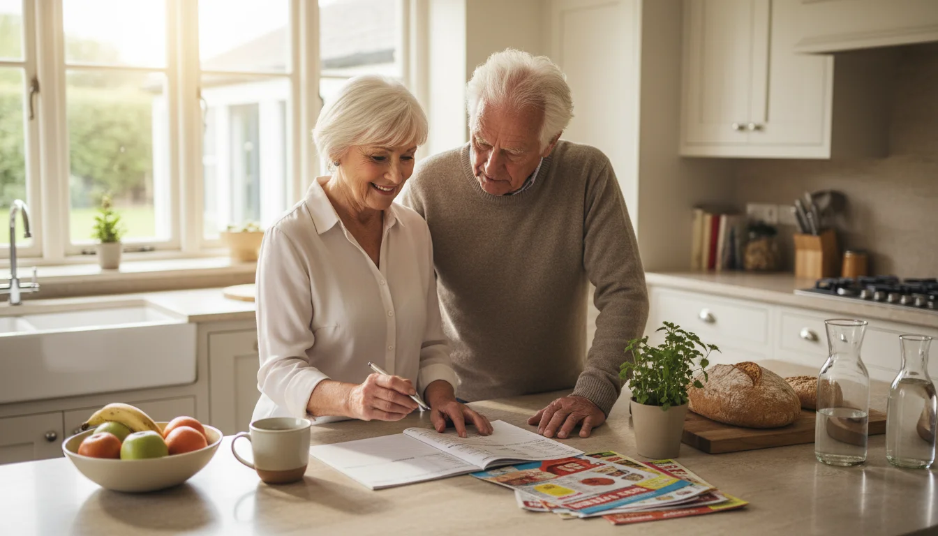 A senior couple at their bright kitchen island, discussing and writing down meals on a weekly planner with grocery flyers nearby.