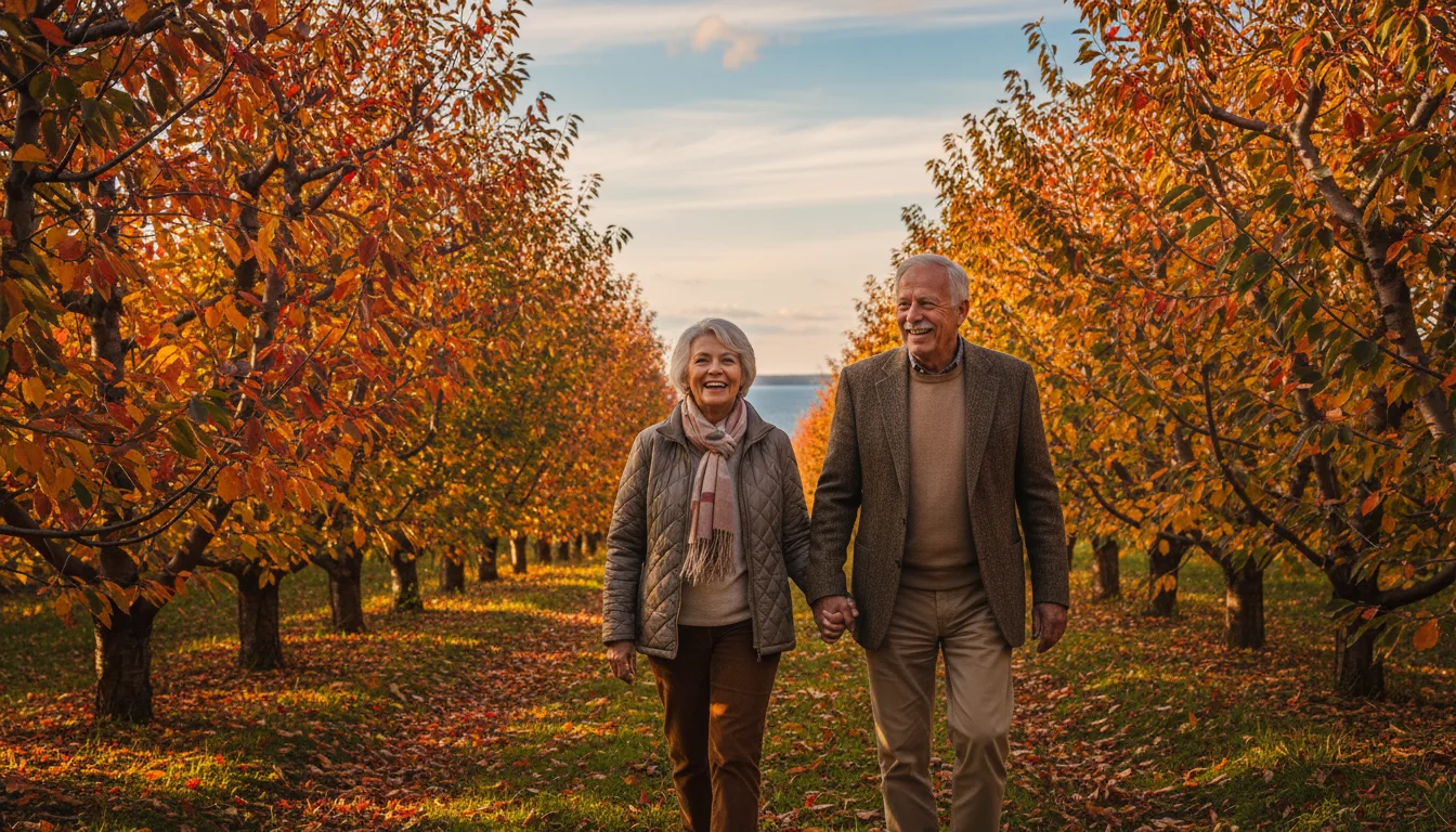 Senior couple walking through a cherry orchard with vibrant fall leaves, Grand Traverse Bay in the background.