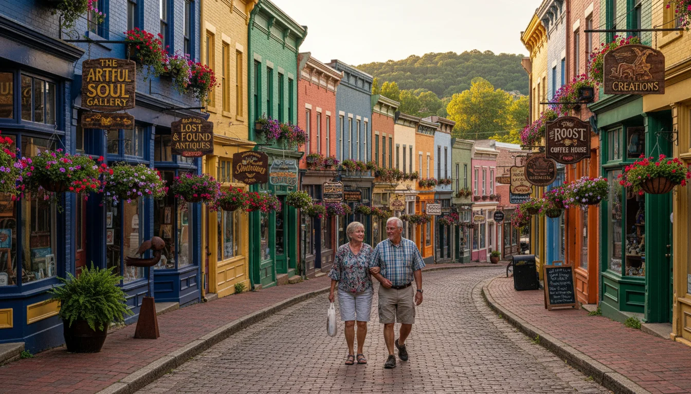 A senior couple walks down a curving, brick street in Eureka Springs, Arkansas, lined with colorful Victorian shops and art galleries.
