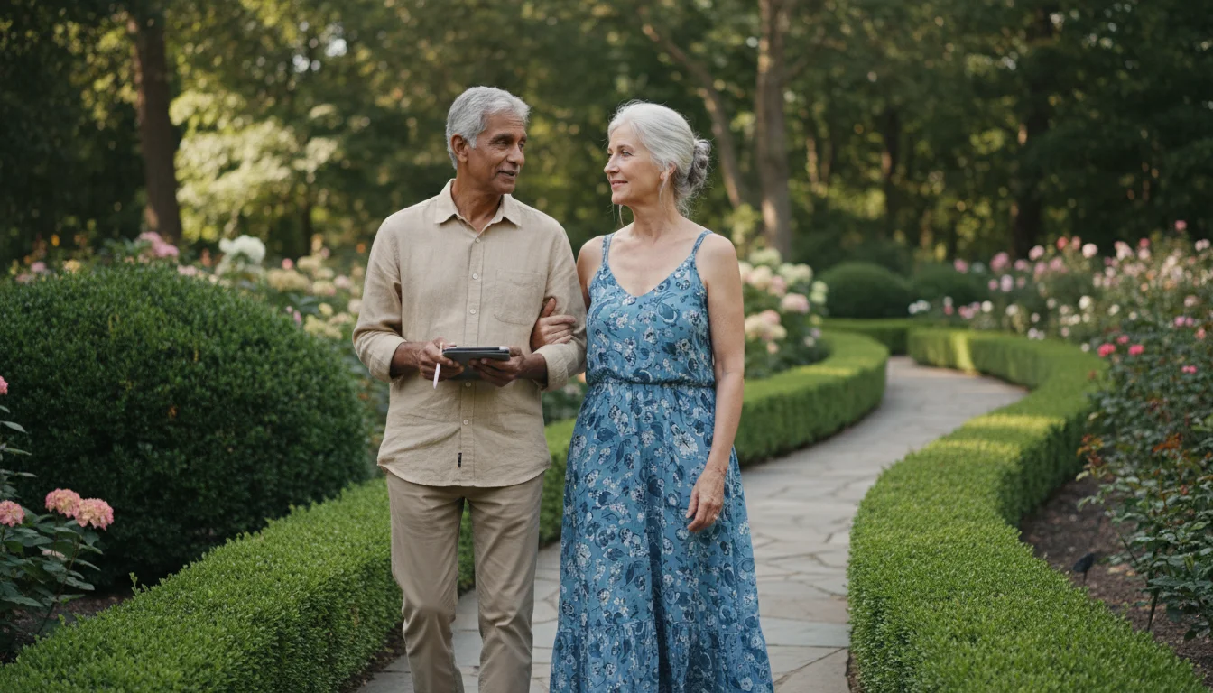 A senior couple walks on a garden path. The man gently touches his wife's arm as they discuss their way.
