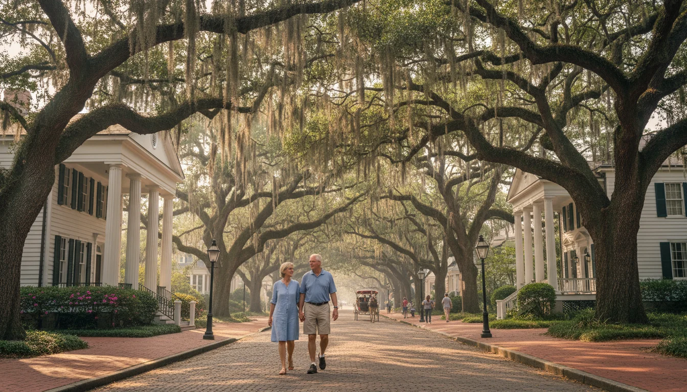 Senior couple walks hand-in-hand on a tree-lined historic street in Beaufort, SC, with antebellum homes and Spanish moss.