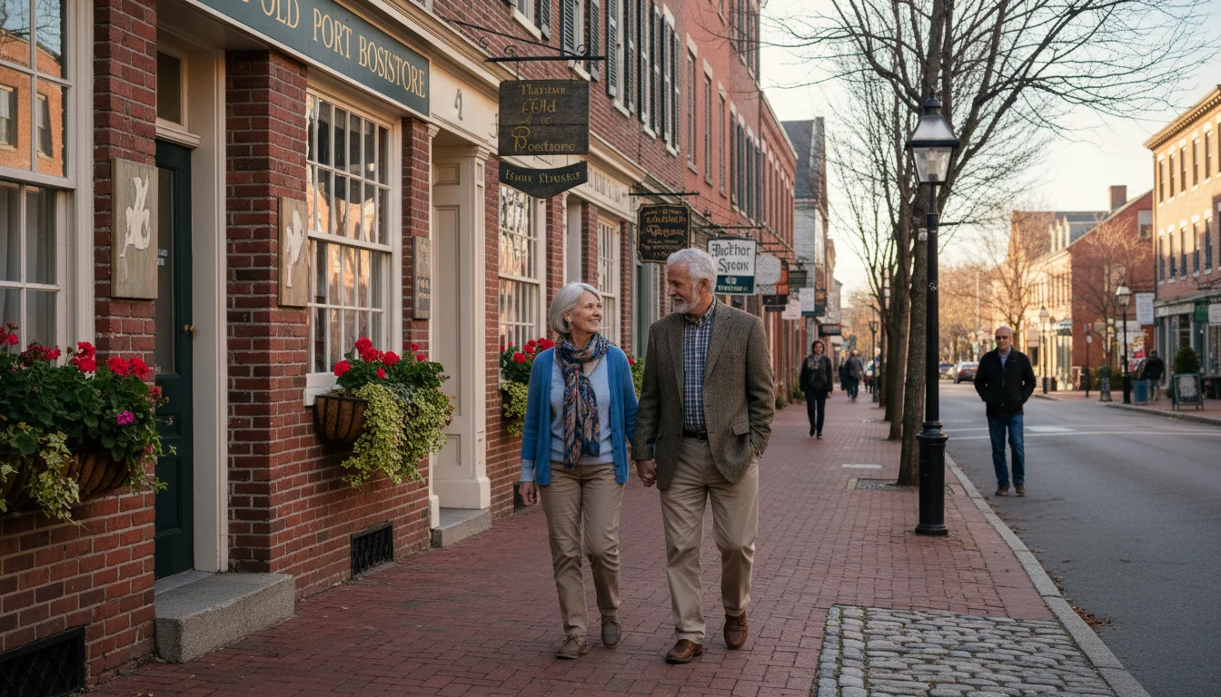 A senior couple walks past historic colonial buildings and shops on a brick sidewalk in downtown Portsmouth, New Hampshire.