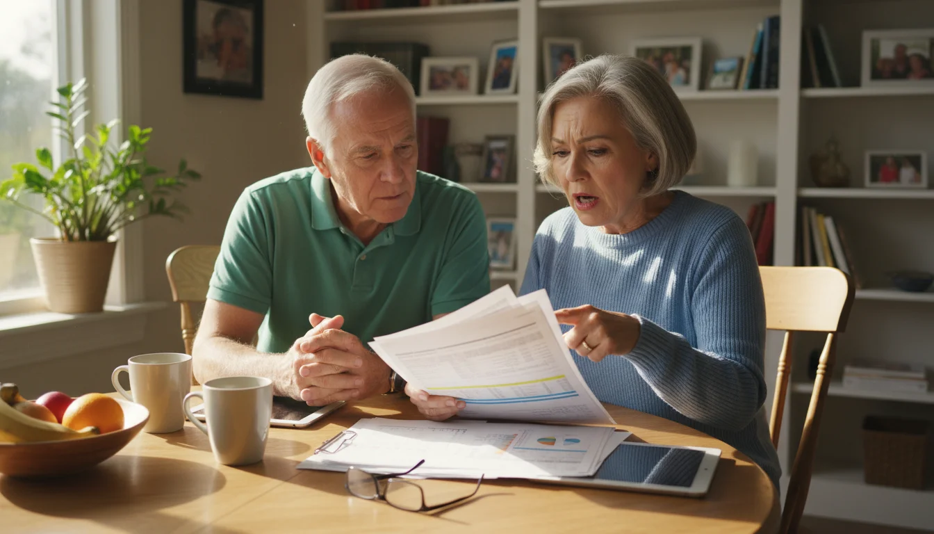 A senior couple, the woman pointing at medical papers with a surprised look, her husband listening with concern at their dining table.