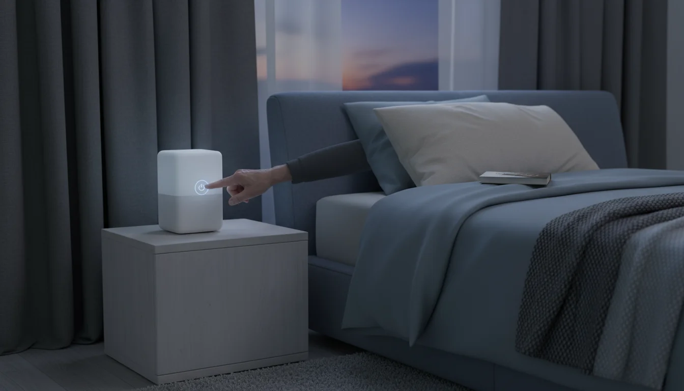 A senior hand activates a white noise machine on a nightstand in a dim bedroom with blackout curtains drawn.