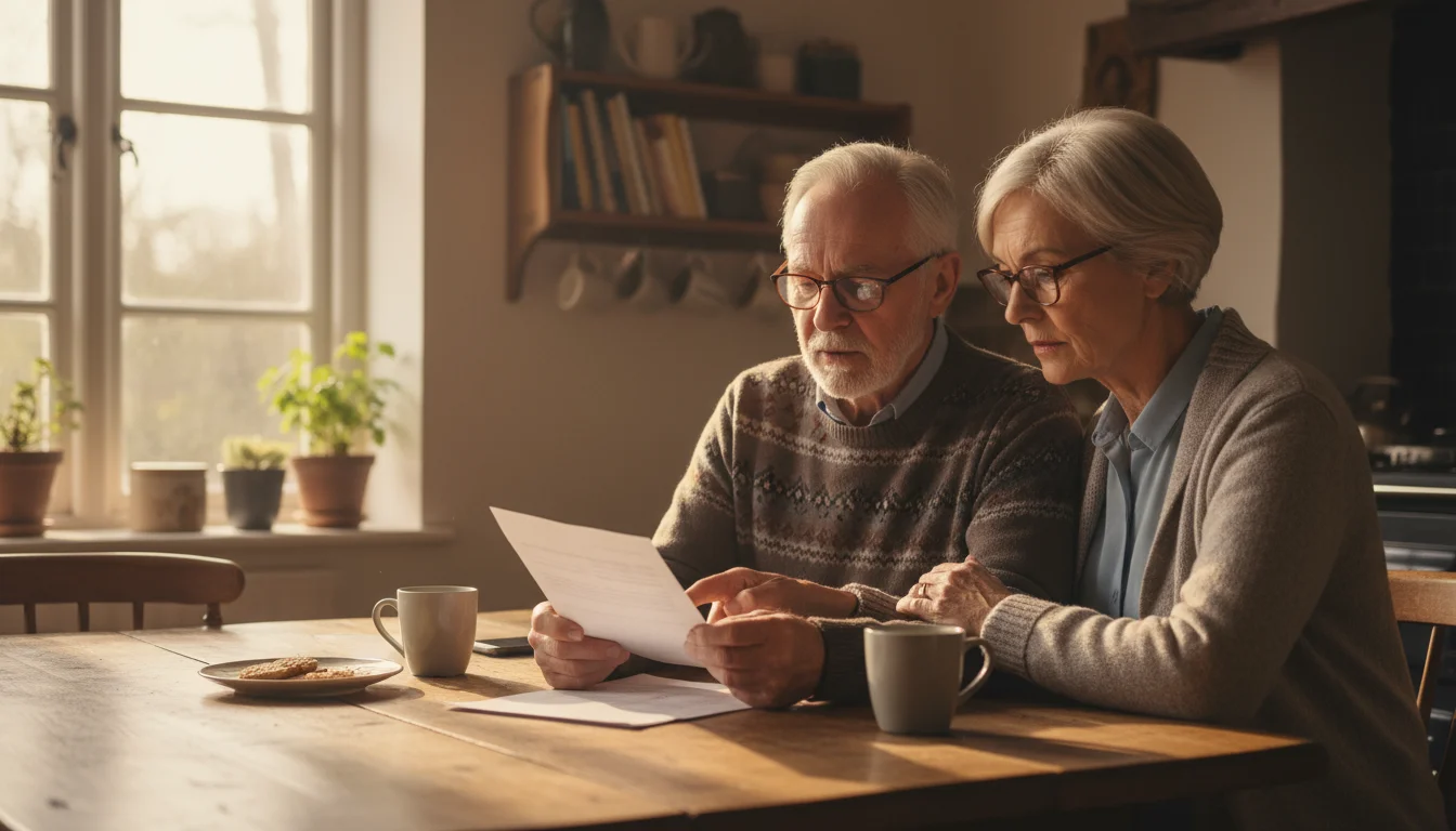 A senior husband and wife at their kitchen table. He points to a document; she looks over his shoulder, her hand on his arm.