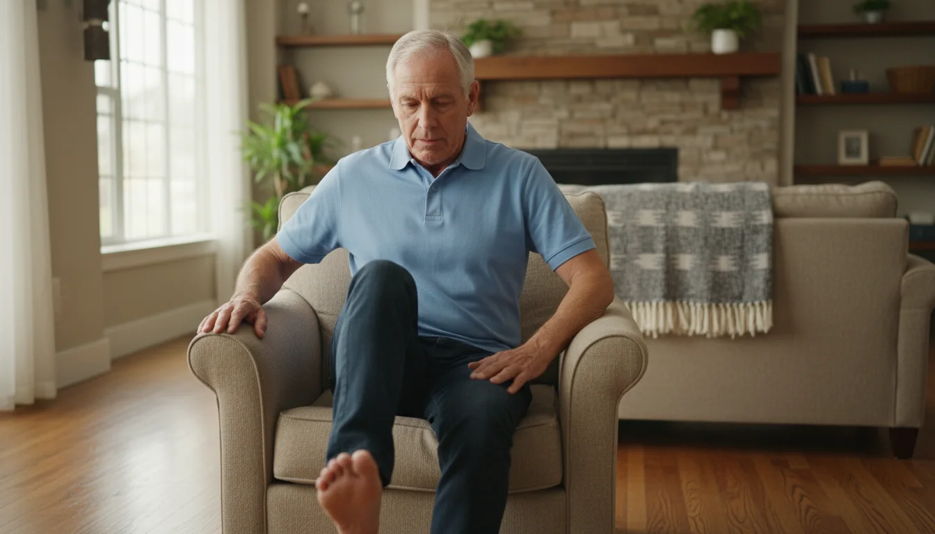 A senior man in a blue polo sits upright in an upholstered armchair, gently lifting his left knee towards his chest, practicing seated marching.