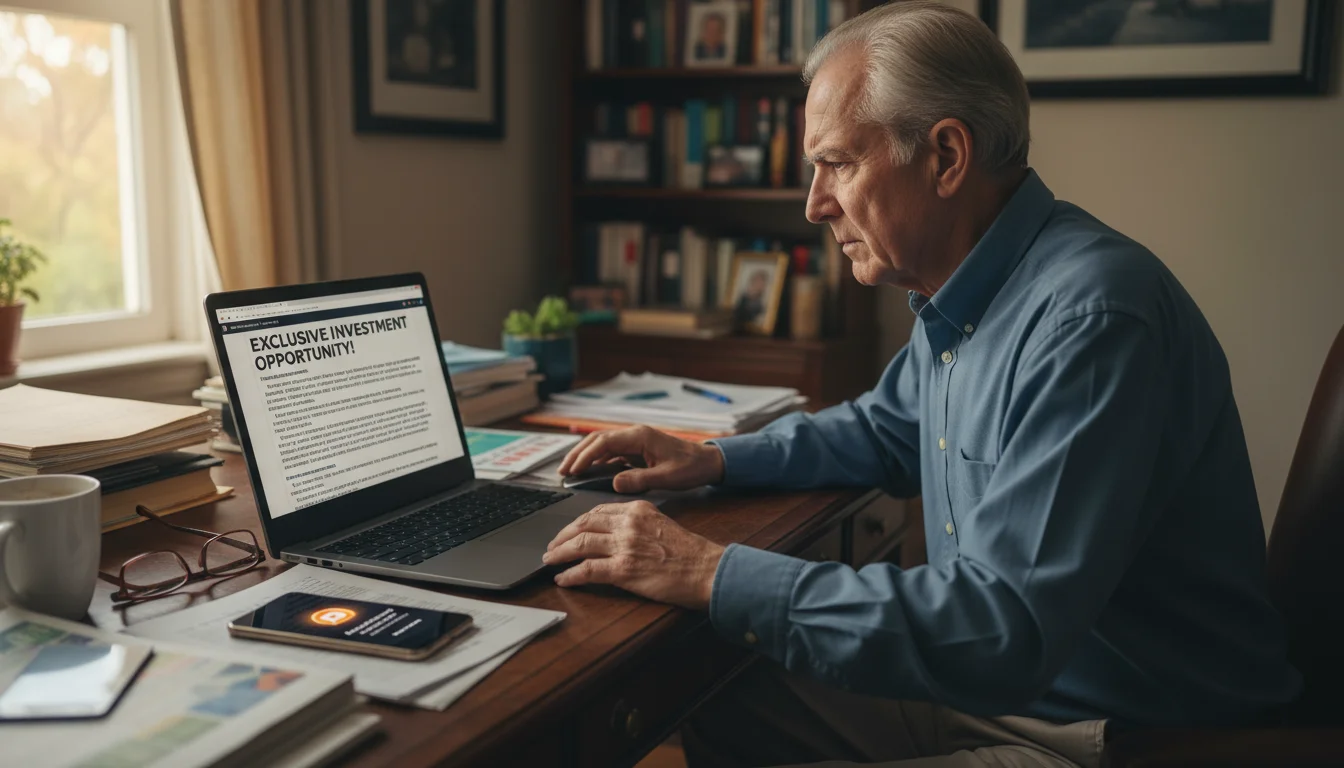 Senior man at a desk, studying a vague investment email on his laptop, a phone nearby with a new message notification.