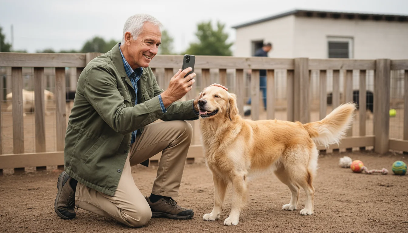 Senior man (early 70s) at an animal shelter, kneeling to pet a golden retriever. He looks at his smartphone, completing an online donation.
