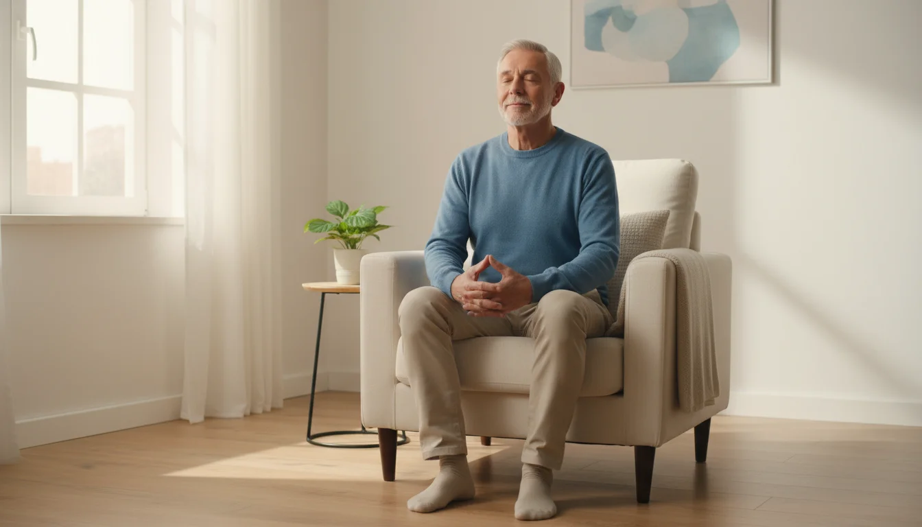 A senior man, early 70s, sits upright in a light-cushioned chair, eyes closed peacefully, hands on lap, feet flat on floor.