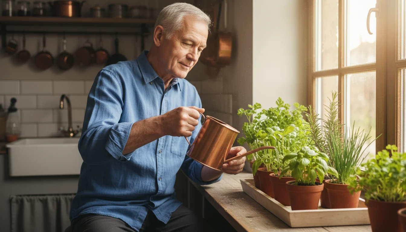 Senior man, early 70s, waters a small, sunlit indoor herb garden on a kitchen windowsill.