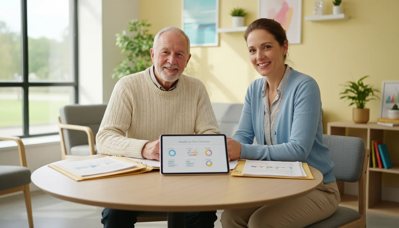 A senior man and a female counselor at a table, both looking at documents and a tablet screen, discussing healthcare plans.