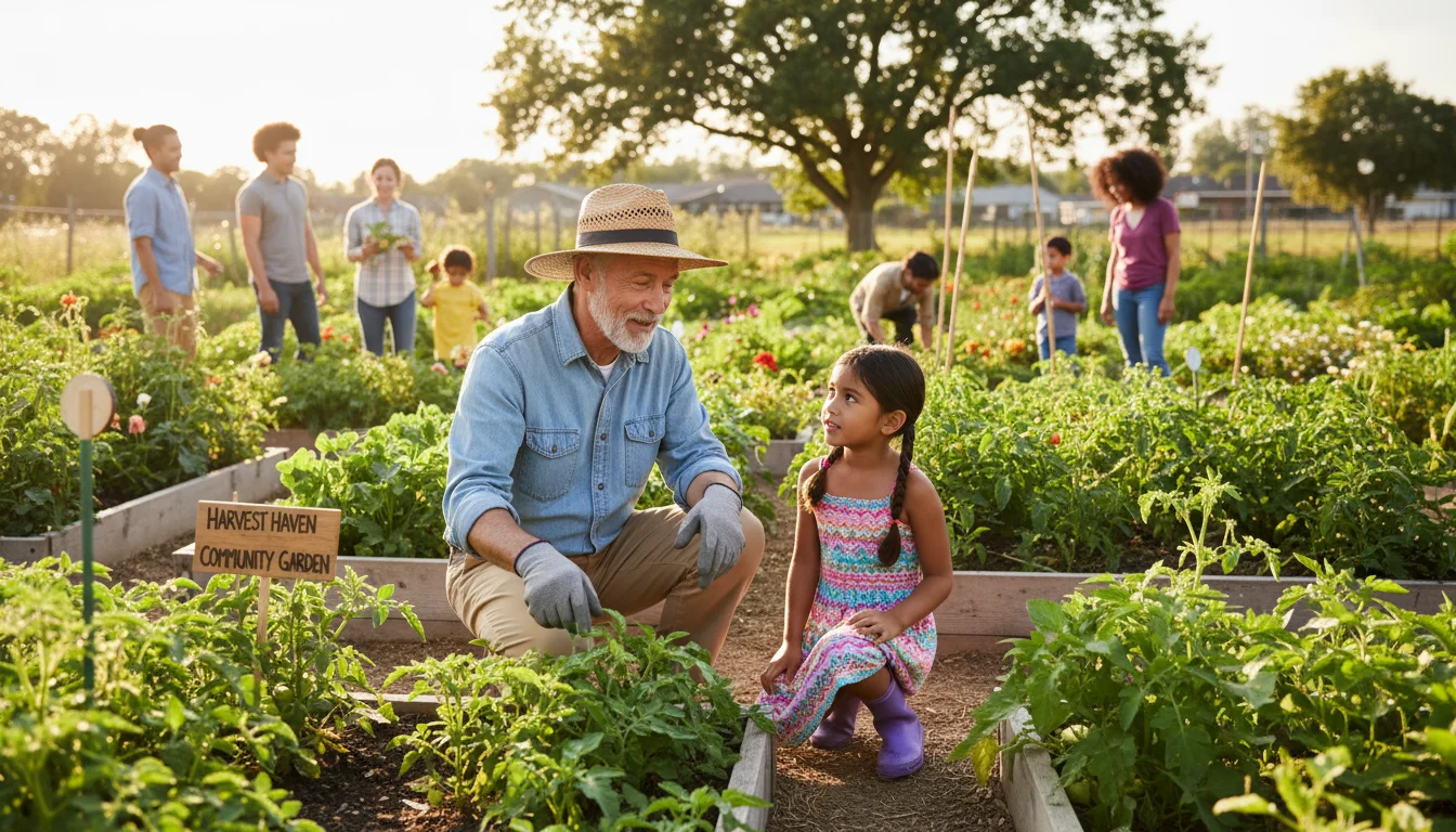 Senior man in gardening hat teaching a young girl about plants in a vibrant community garden, surrounded by other diverse volunteers.