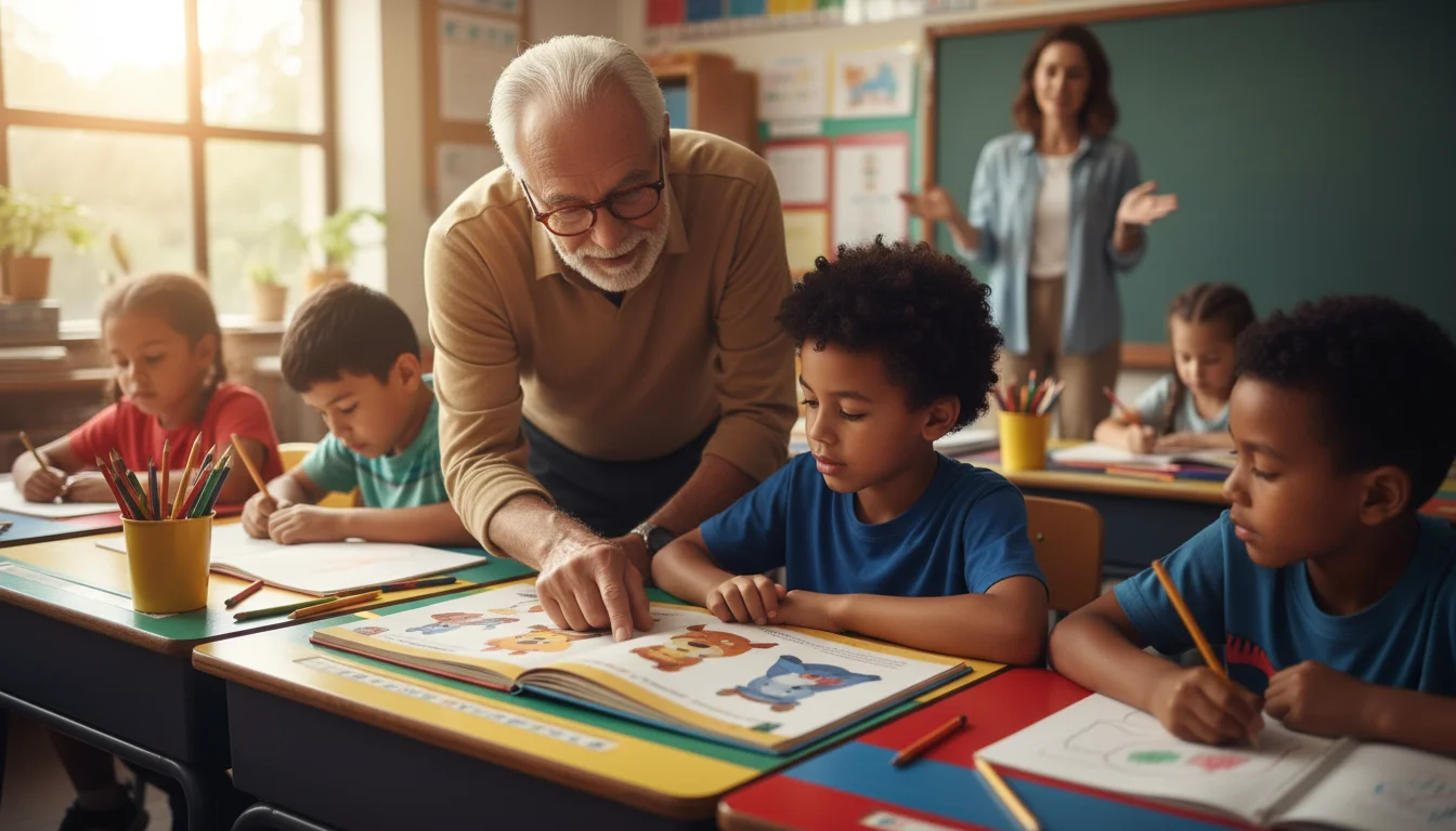 Senior man with glasses calmly assisting an elementary student with a book at a colorful classroom desk.
