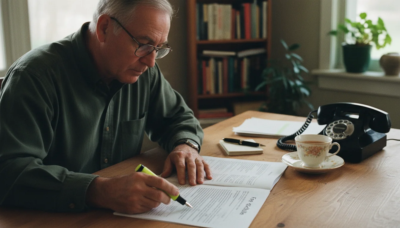 A senior man with glasses carefully highlights a 'Fee Schedule' document at his wooden desk.