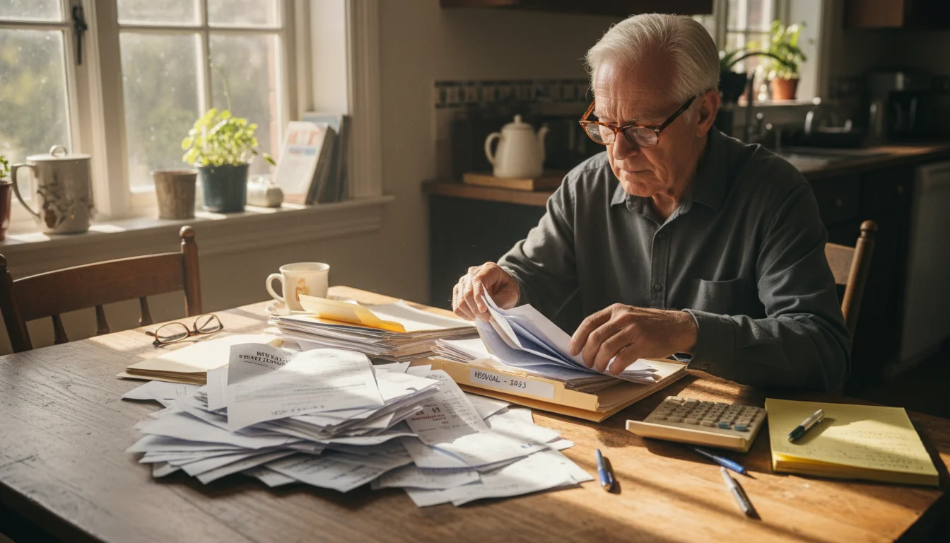 A senior man with glasses meticulously organizes medical and dental receipts into a folder at a kitchen table, a calculator nearby.