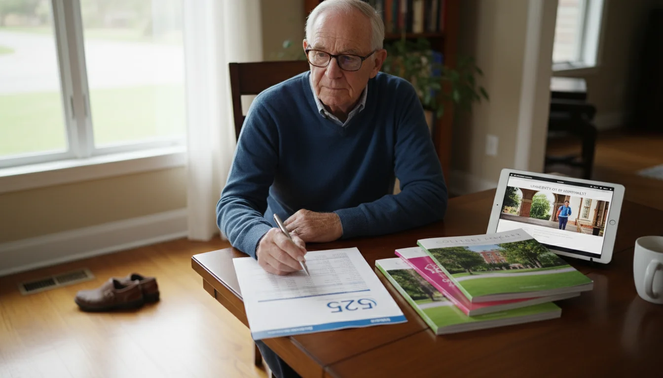 Senior man with glasses reviewing financial documents and college brochures at a table. A framed photo of a grandchild is visible nearby.