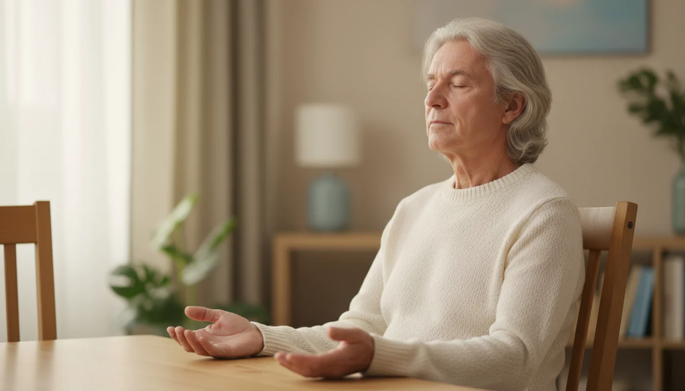 A senior man with grey hair sits upright and relaxed in a wooden dining chair, eyes gently closed, hands on his lap.