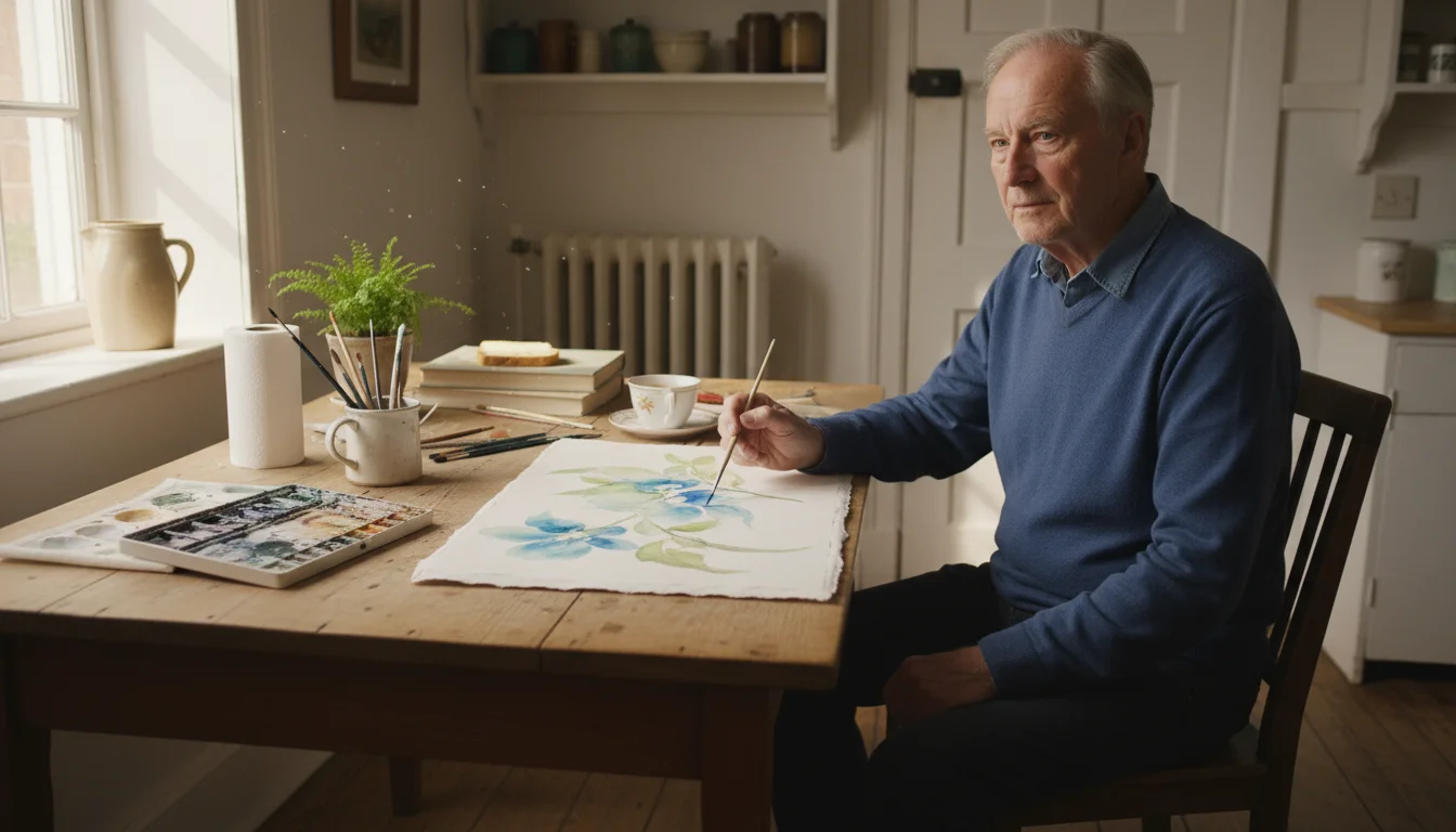 A senior man's hands gently paint a delicate blue floral watercolor on textured paper at a kitchen table, art supplies around him.