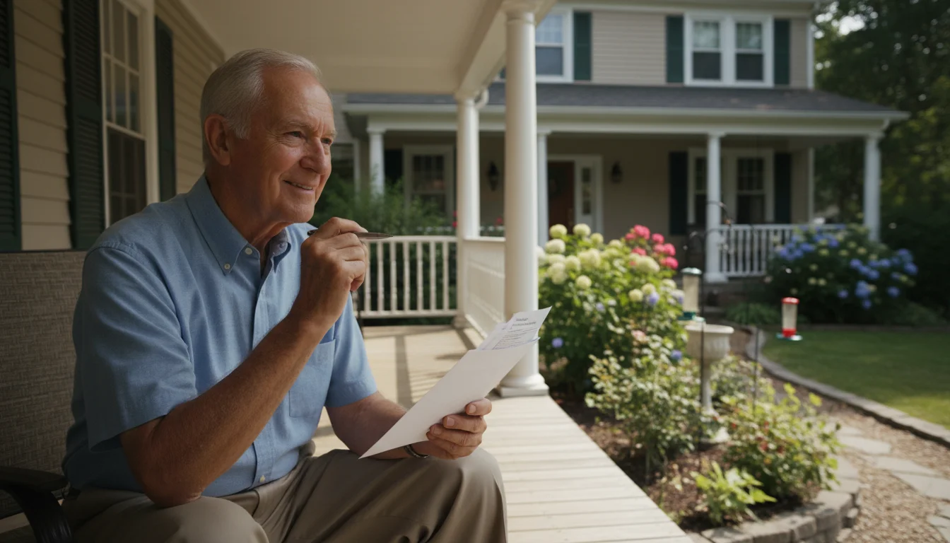 Senior man on his porch, holding an envelope and pen, looking thoughtfully at his garden.