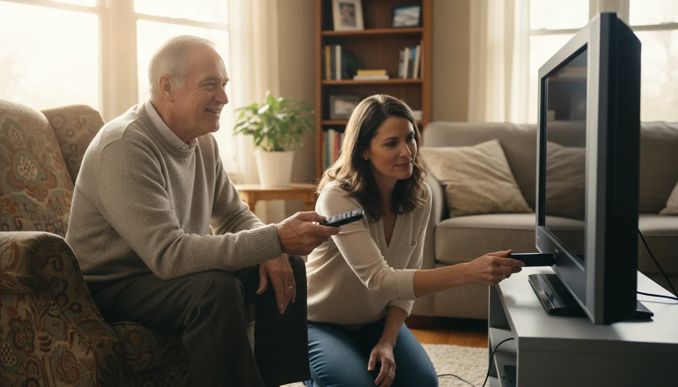 Senior man holds a Roku remote while his daughter plugs a streaming stick into an older TV.