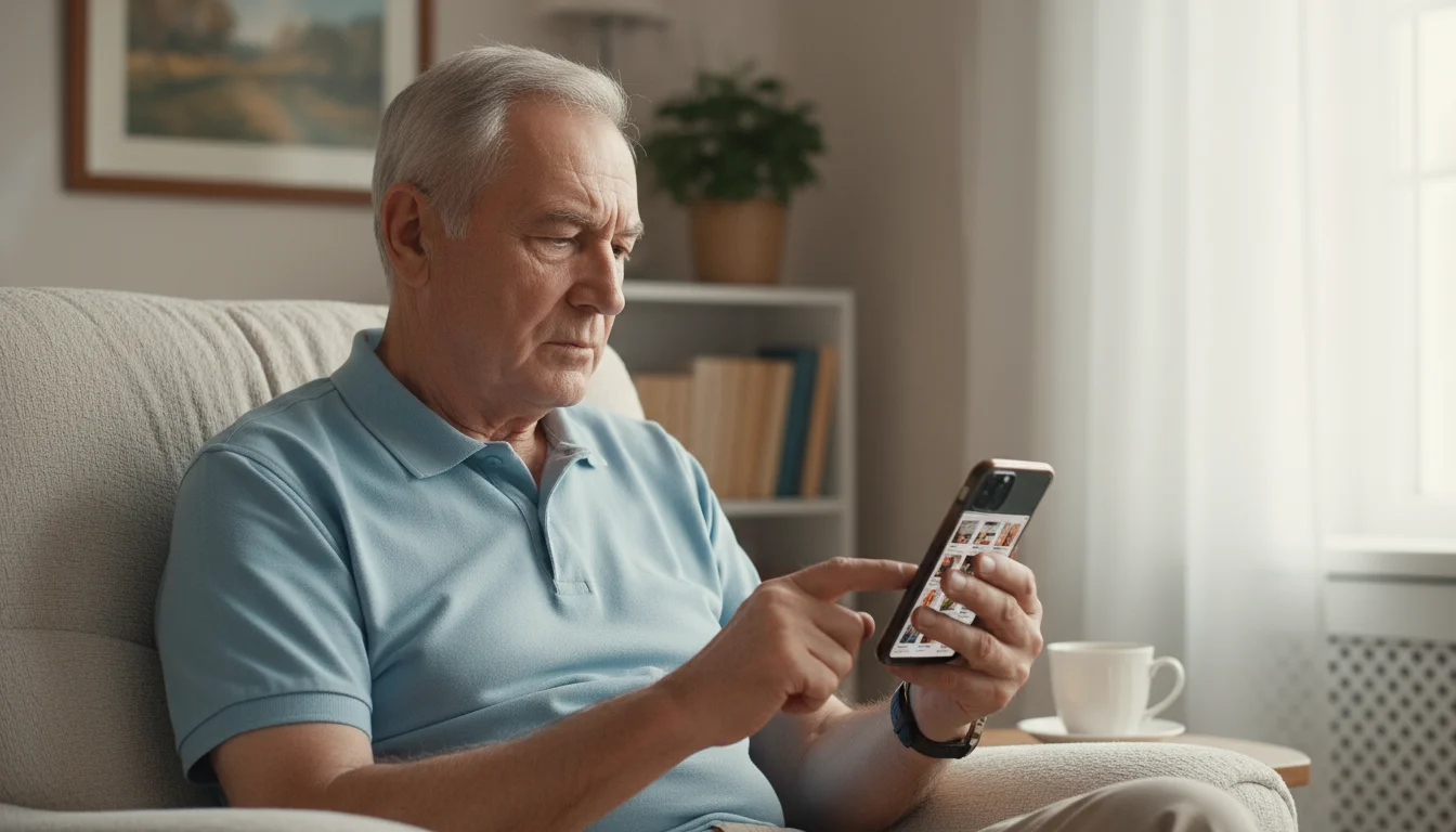 A senior man intently looks at his smartphone while sitting in a cozy armchair in a sunlit living room, focused on comparing information.