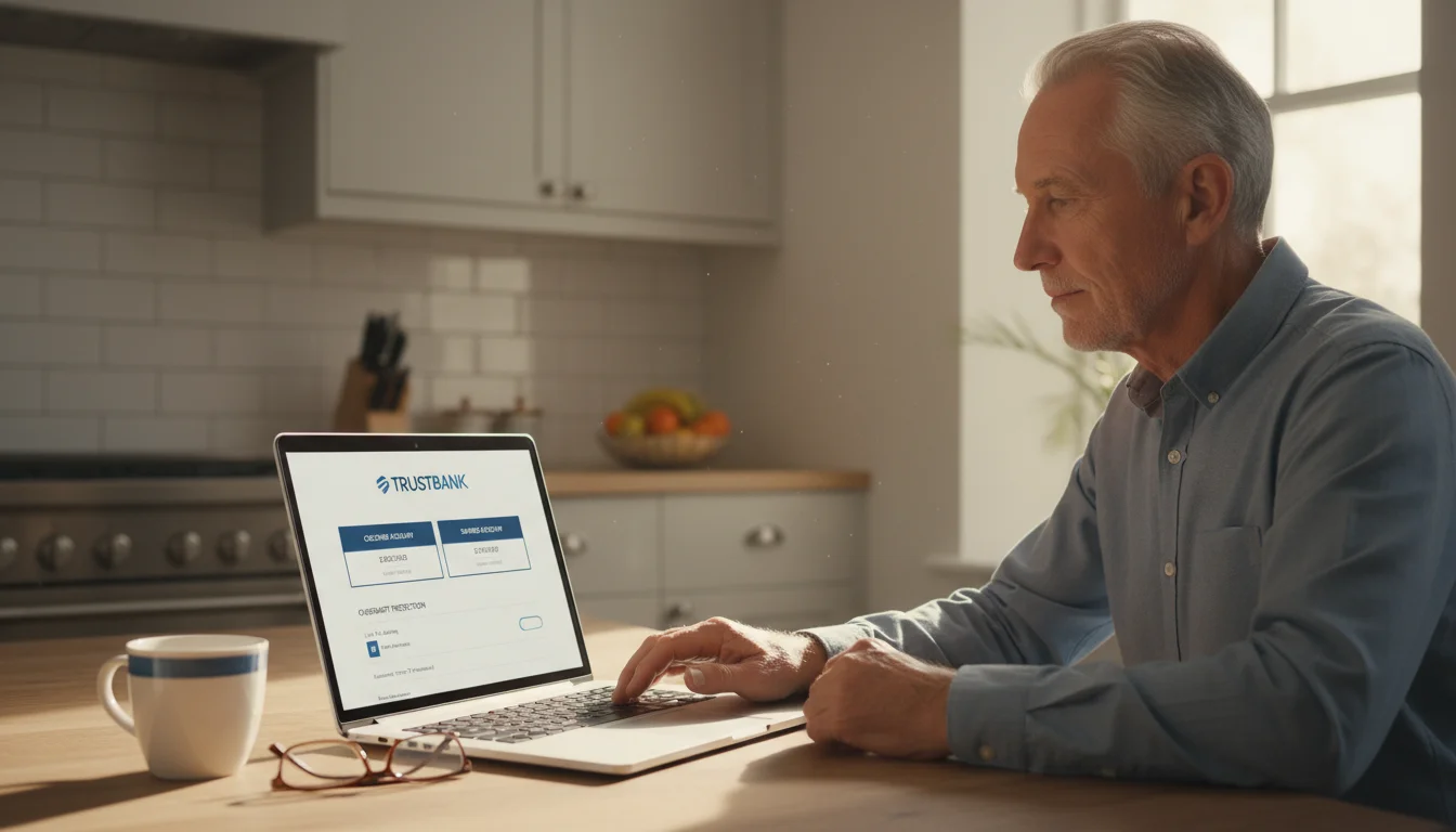 Senior man, late 60s, reviews online banking on laptop at kitchen table, focused on linked checking and savings accounts.