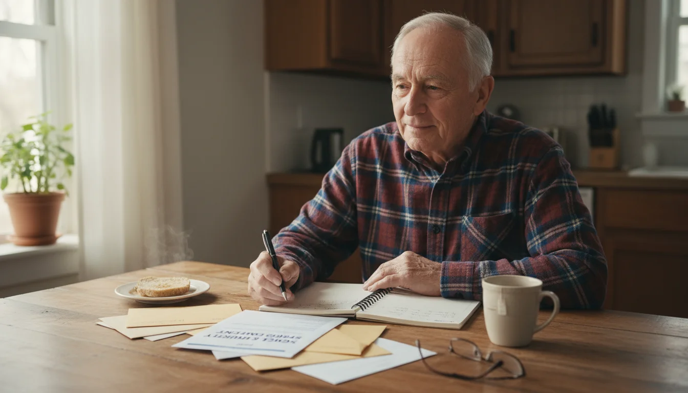 A senior man, late 60s, sits at his kitchen table, reviewing a stack of mail, including a Social Security statement, with a pen and notebook.