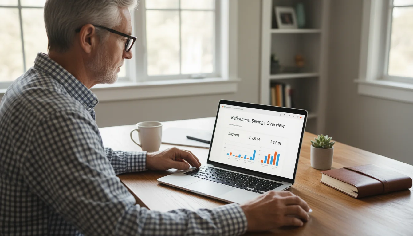 A senior man, late 60s, at a wooden desk, focused on a laptop screen showing financial details, with papers and a pen.